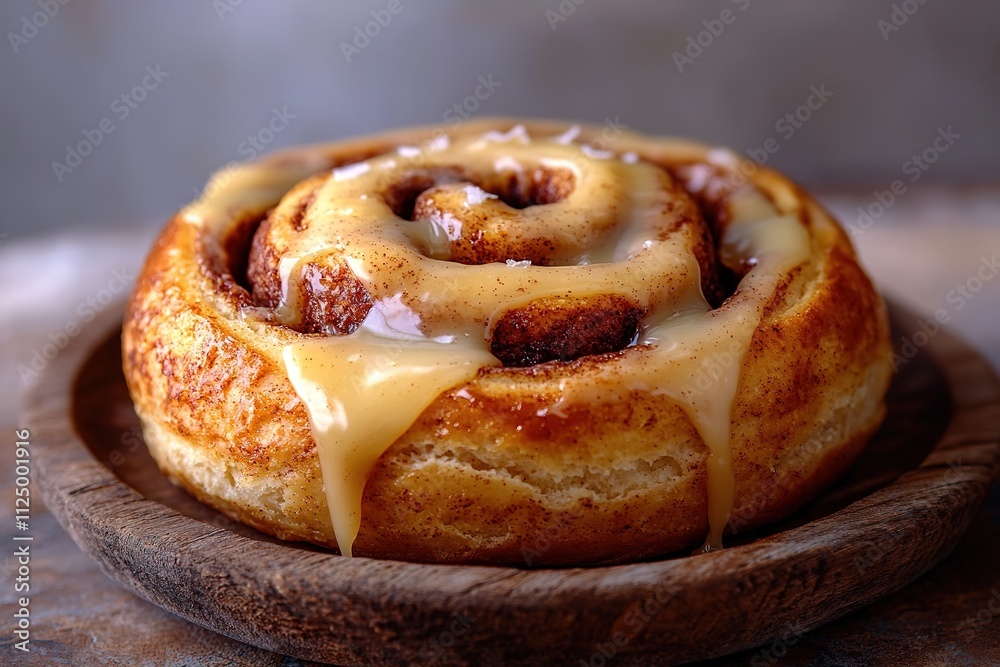 close-up of cinnamon roll with gooey icing dripping off sides placed on rustic wooden plate close-up of cinnamon roll with gooey icing dripping off sides placed on rustic wooden plate