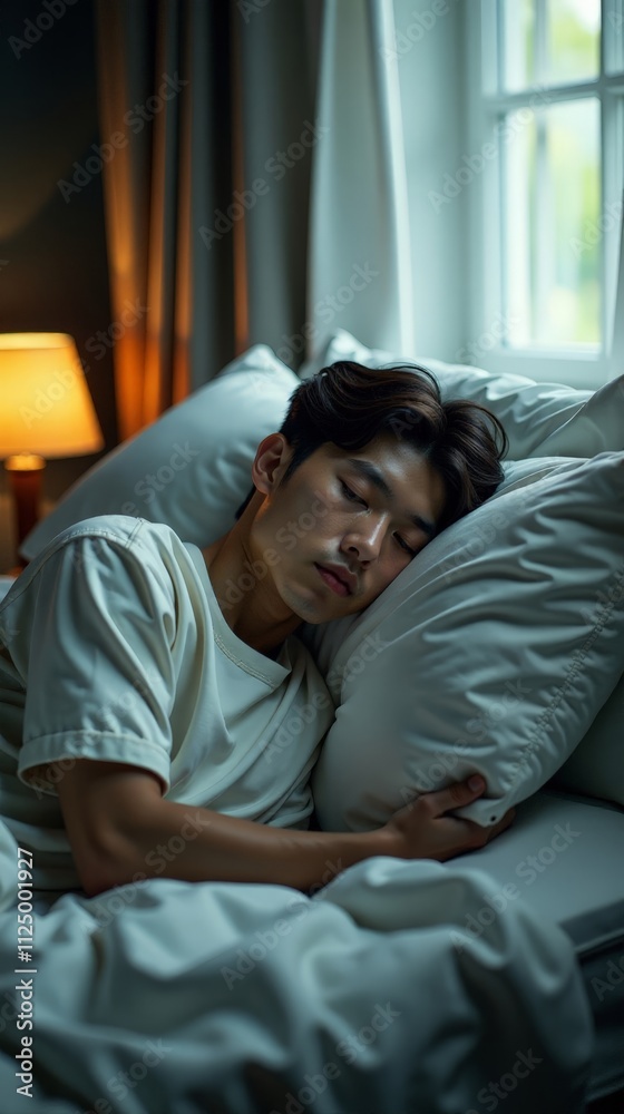 A peaceful moment of a young man sleeping comfortably in a softly lit bedroom A peaceful moment of a young man sleeping comfortably in a softly lit bedroom