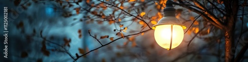 close-up of streetlamp glowing softly against backdrop of leafy branches photo