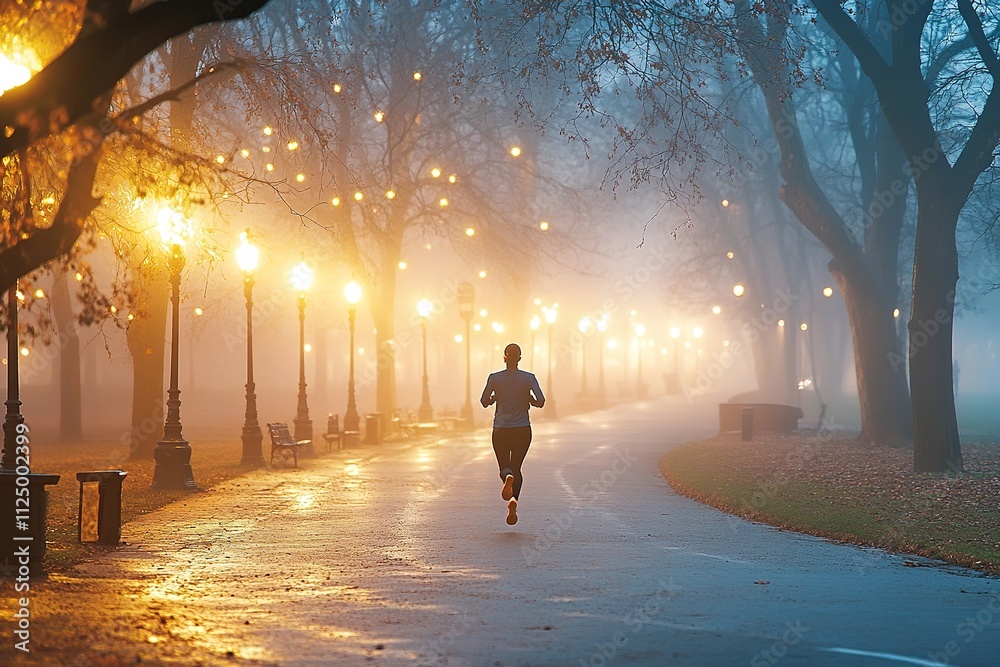 dynamic view of lone jogger running through misty park under glow of streetlights