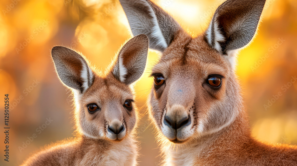 Close-Up of Kangaroo and Joey Standing Together in Golden Sunlight with Warm Background Close-Up of Kangaroo and Joey Standing Together in Golden Sunlight with Warm Background