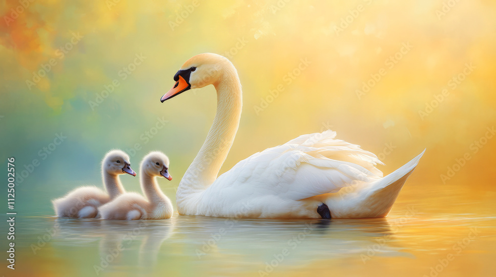 Elegant Swan with Adorable Cygnets Swimming in Calm Waters at Sunrise