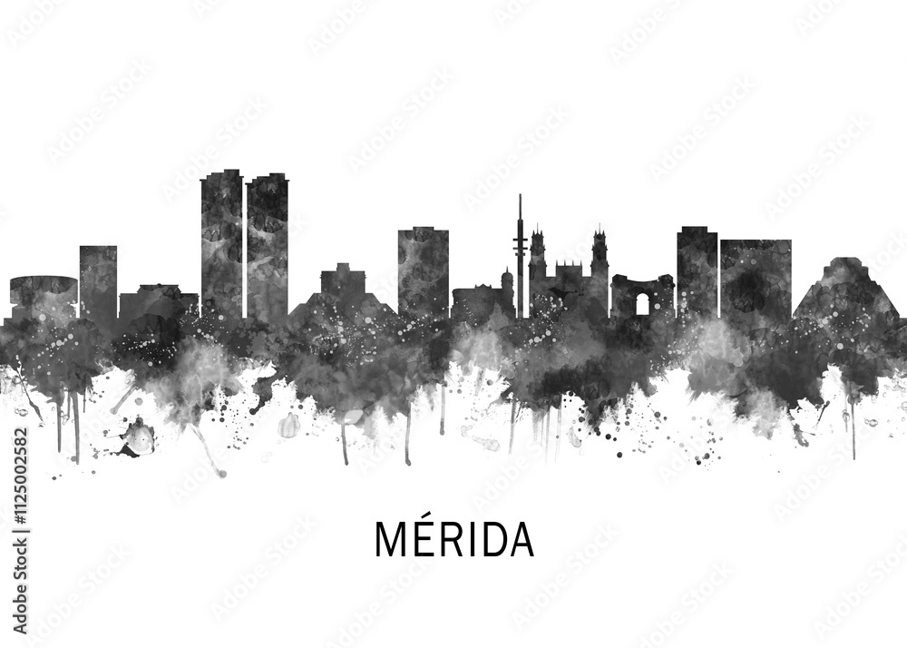 Obraz premium Merida Mexico Skyline BW, landscape watercolor abstract painting travel illustration urban art modern downtown landmarks skyscrapers artwork