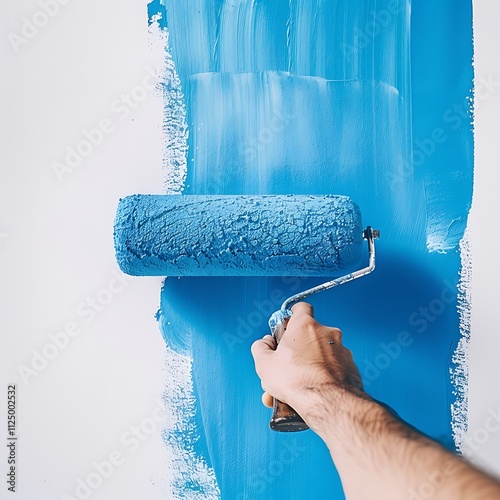 Close-Up of a Hand Holding a Blue Paint Roller on White Background photo