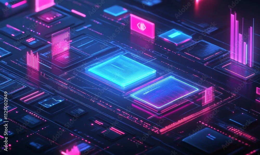Fototapeta premium futuristic holographic interface with floating elements, Generative AI