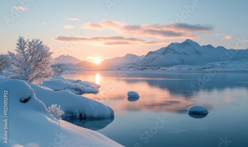 peaceful snowy landscape with mountains in the distance, Generative AI