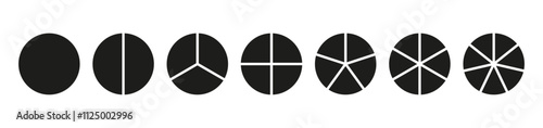 Circle division on 1, 2, 3, 4, 5, 6, 7 equal parts. Infographic minimalist set. Coaching blanks. Pie, pizza charts. Wheel round divided diagrams with one, two, three, four, five, six, seven segments.