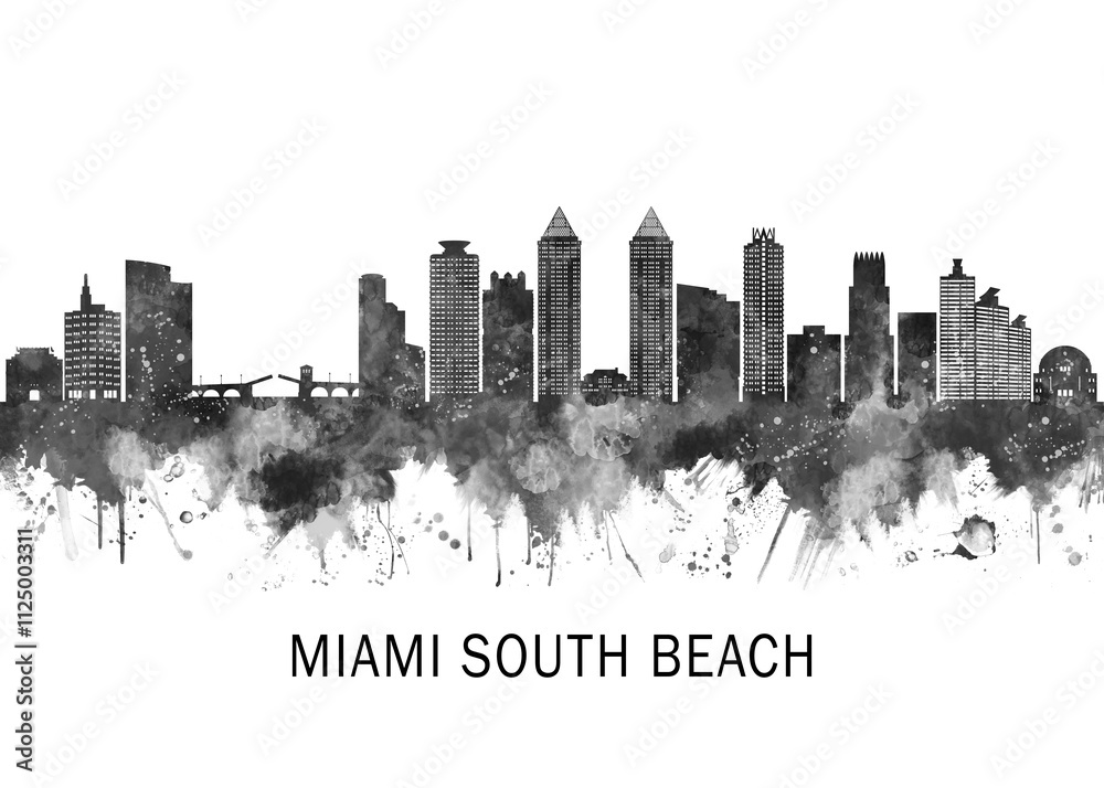 Obraz premium Miami South Beach Florida Skyline BW, landscape watercolor abstract painting travel illustration urban art modern downtown landmarks skyscrapers artwork