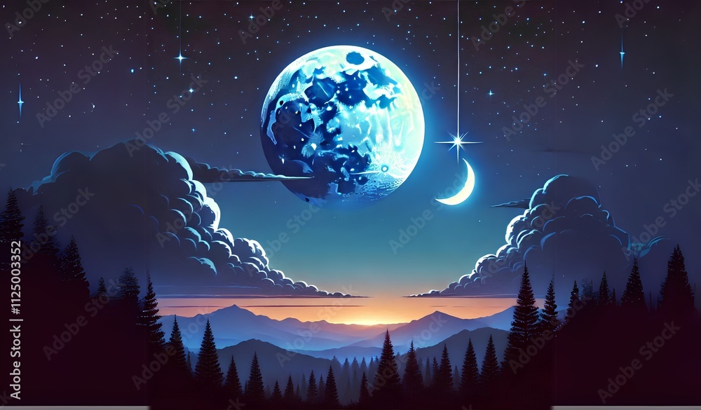 Naklejka premium Night sky with stars and crescent moon