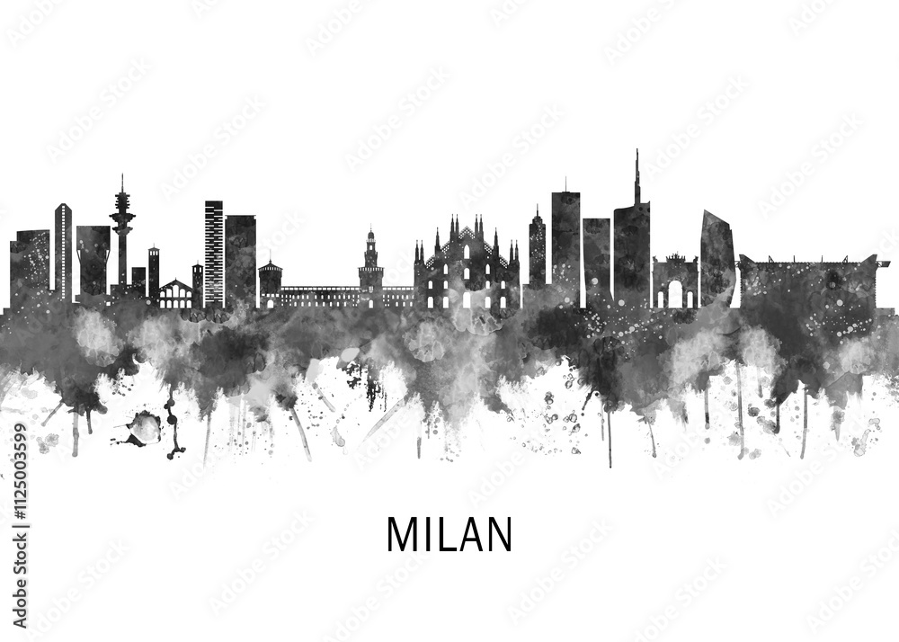 Fototapeta premium Milan Italy Skyline BW, abstract painting travel illustration urban art modern downtown landmarks skyscrapers colorful artwork architecture