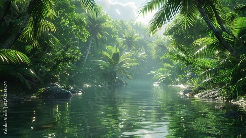 A tranquil river winding through the heart of a dense tropical jungle, with vibrant greenery reflected in its calm waters vector art illustraion generative AI.