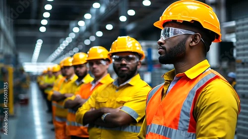 Indian factory workers stand shoulder-to-shoulder in safety helmets, posing in front of an active production line, demonstrating teamwork and adherence to industrial safety protoco photo