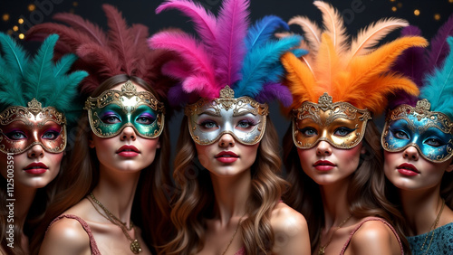 Beautiful Women in Carnival Masks and Festive Dresses Celebrating in a Joyful Atmosphere