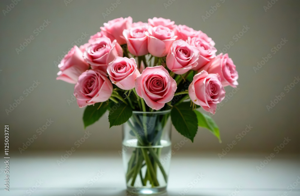 Bouquet pink roses in glass vase standing on table, floral decor. AI Generative Bouquet pink roses in glass vase standing on table, floral decor. AI Generative