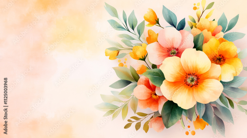 Obraz premium Beautiful Floral Arrangement with Vibrant Flowers and Green Leaves on Soft Background