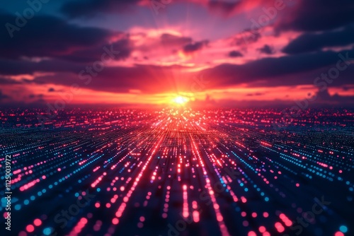 retro 80s style digital grid with a sunset in the background, Generative AI