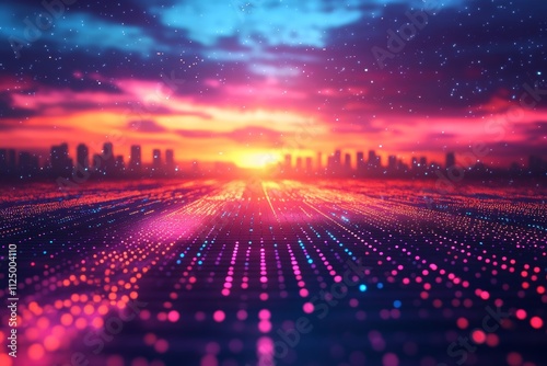 retro 80s style digital grid with a sunset in the background, Generative AI