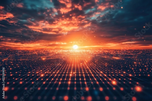 retro 80s style digital grid with a sunset in the background, Generative AI