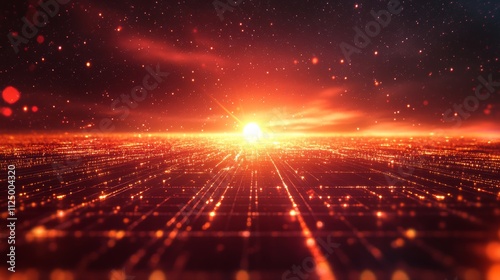 retro 80s-style grid landscape with neon lights and a sun, Generative AI