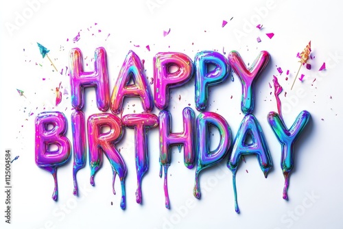 Colorful dripping happy birthday letters with streamers and confetti