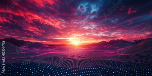 retro futuristic grid landscape with a sunset, Generative AI