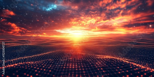 retro futuristic grid landscape with a sunset, Generative AI