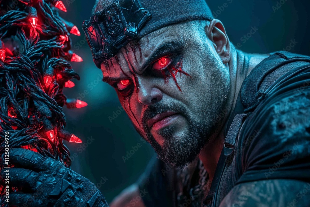 A dwarf decorating a sinister-looking Christmas tree made of twisted metal, with glowing red and black ornaments