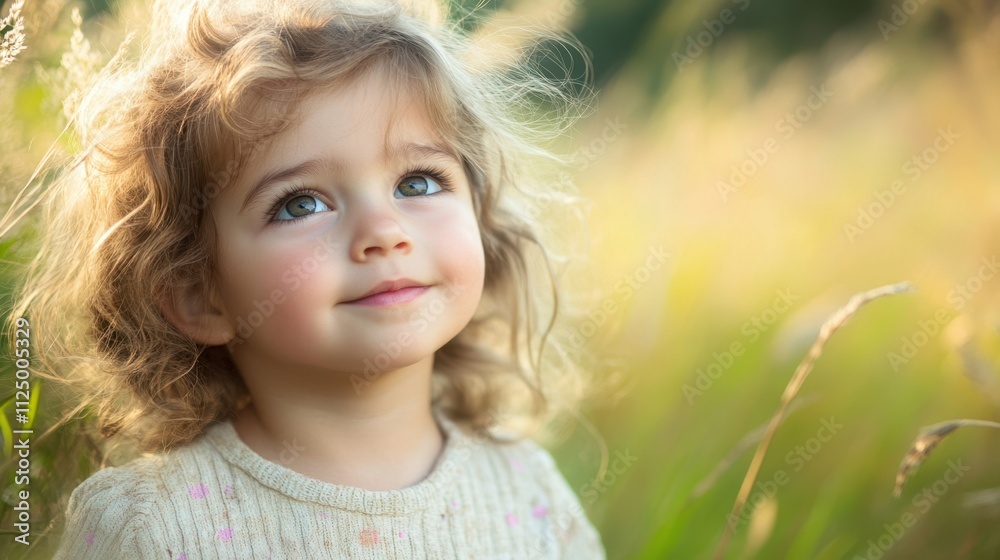 Adorable Curly-Haired Toddler Girl in Sunlit Field Adorable Curly-Haired Toddler Girl in Sunlit Field