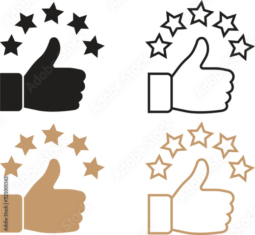 Thumb up with five stars flat, line icons set, representing a high rating or positive feedback. Perfect for review or business marketing material. Satisfaction sign isolated on transparent background.