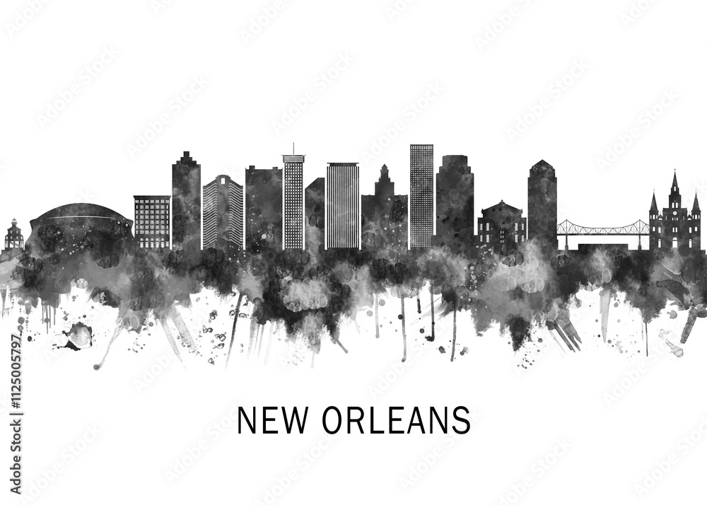 New Orleans Louisiana Skyline BW, abstract painting travel illustration urban art modern downtown landmarks skyscrapers colorful artwork architecture