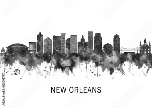 Obraz na płótnie New Orleans Louisiana Skyline BW, abstract painting travel illustration urban art modern downtown landmarks skyscrapers colorful artwork architecture w salonie