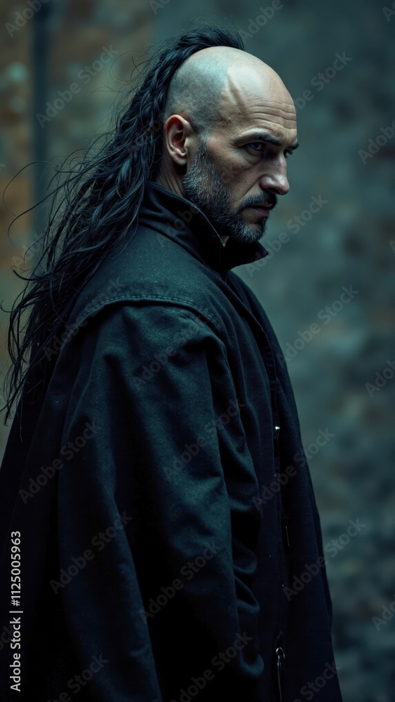 Priest wearing black cloak and long hair looks away in medieval setting Priest wearing black cloak and long hair looks away in medieval setting