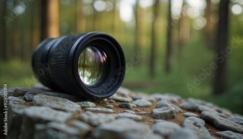 Unique perspective of a camera lens placed on a rock reflecting a forest landscape photo