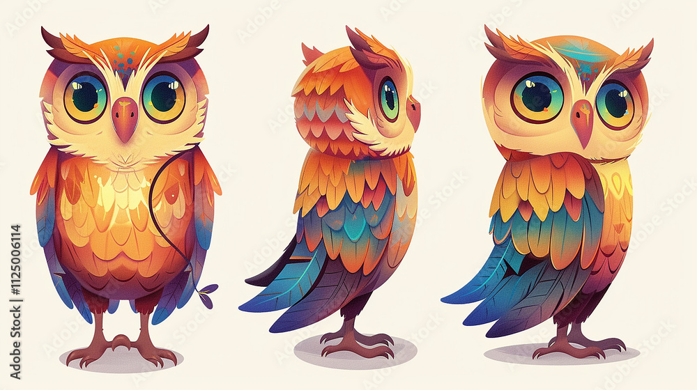 Adorable Cartoon Owls with Vibrant Feathers and Expressive Eyes

