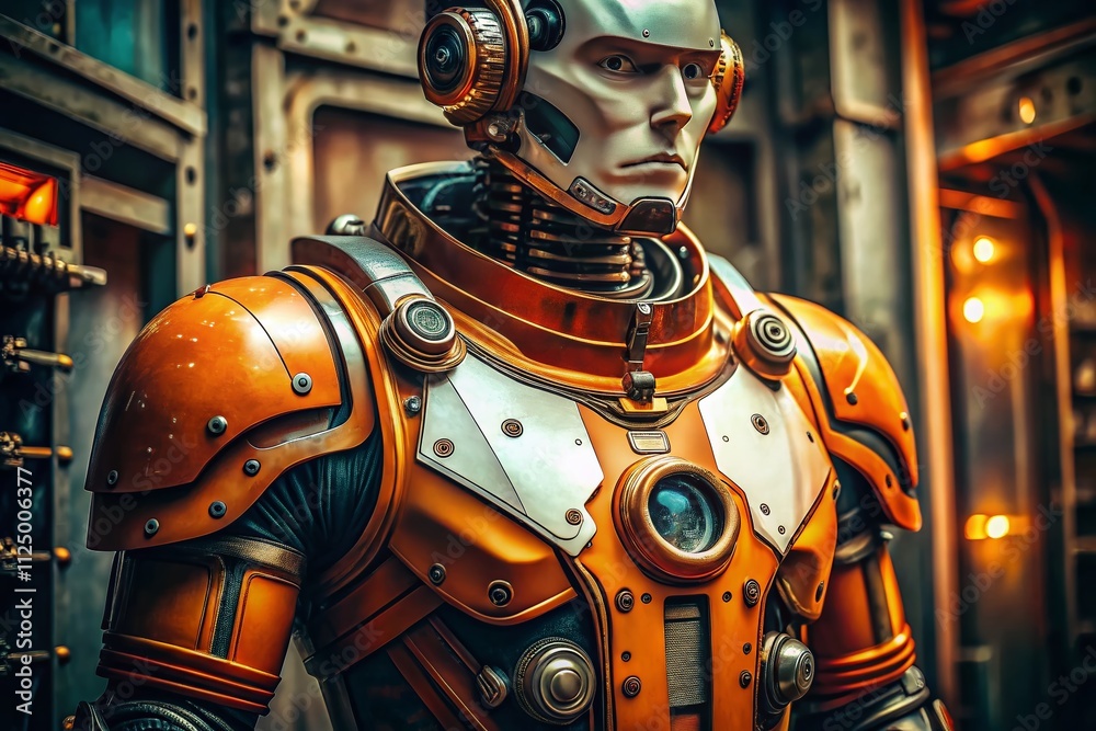 Close-Up of a Humanoid Robot's Torso with Intricate Glossy Orange and White Armor in Vintage Style Photography, Capturing Futuristic Design and Advanced Technology Aesthetics Close-Up of a Humanoid Robot's Torso with Intricate Glossy Orange and White Armor in Vintage Style Photography, Capturing Futuristic Design and Advanced Technology Aesthetics
