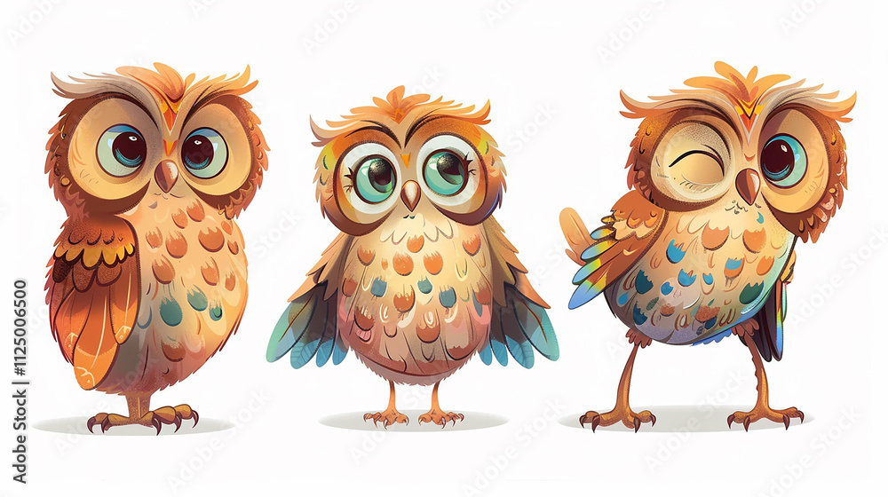 Obraz premium Adorable Cartoon Owls with Vibrant Feathers and Expressive Eyes