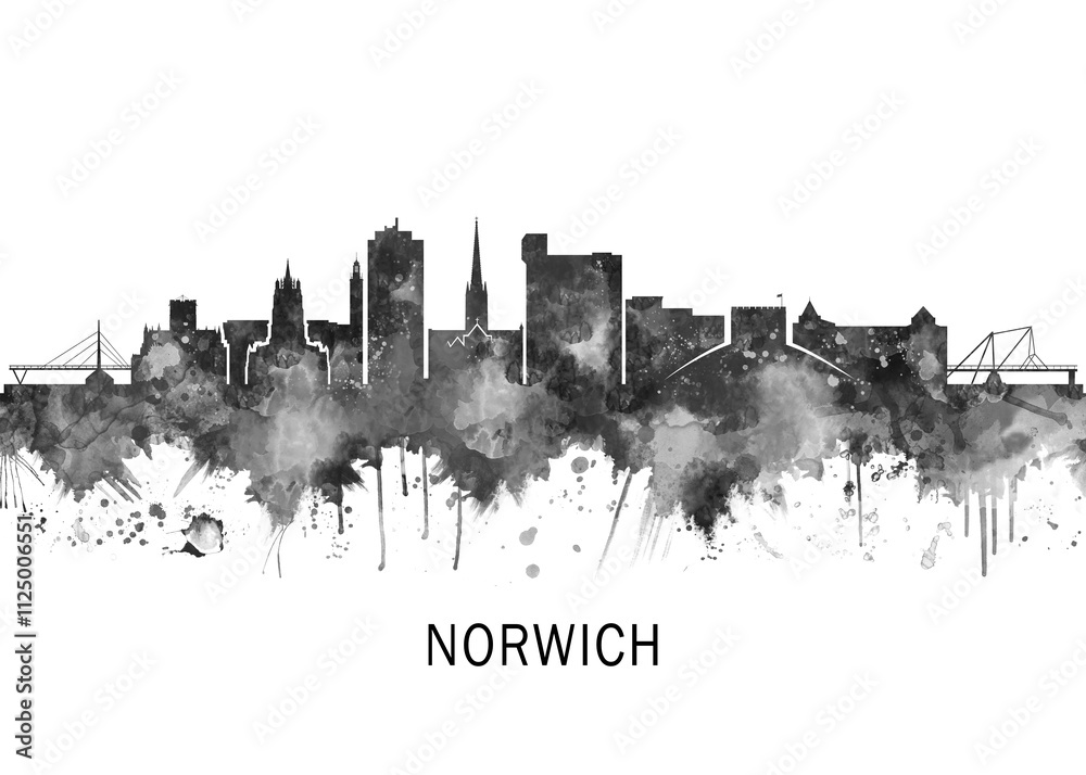 Fototapeta premium Norwich England Skyline BW, abstract painting travel illustration urban art modern downtown landmarks skyscrapers colorful artwork architecture