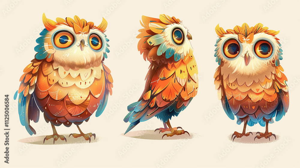 Obraz premium Adorable Cartoon Owls with Vibrant Feathers and Expressive Eyes