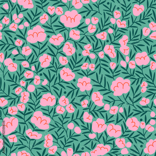 Bright floral pattern. Abstract flowers on turquoise background. Printing with small pink peonies flowers. Ditsy print. Seamless vector texture. Spring bouquet. Vintage template for fashion prints.