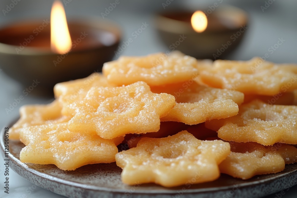 A plate of star-shaped sweets with candles in the background, suggesting a festive occasion. A plate of star-shaped sweets with candles in the background, suggesting a festive occasion.