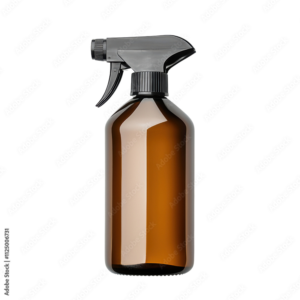 Amber glass spray bottle with black trigger nozzle, isolated on transparency background Amber glass spray bottle with black trigger nozzle, isolated on transparency background