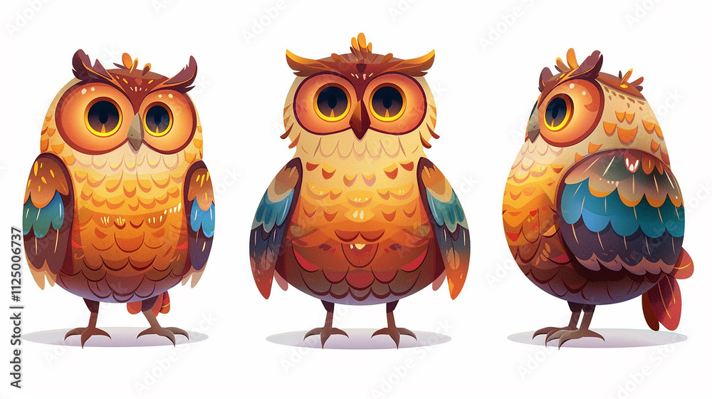 Fototapeta premium Adorable Cartoon Owls with Vibrant Feathers and Expressive Eyes