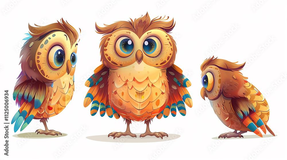 Fototapeta premium Adorable Cartoon Owls with Vibrant Feathers and Expressive Eyes
