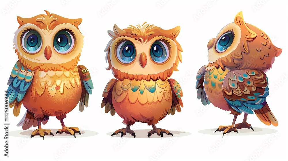 Fototapeta premium Adorable Cartoon Owls with Vibrant Feathers and Expressive Eyes