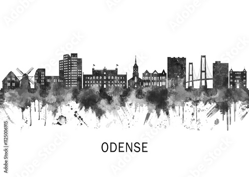 Odense Denmark Skyline BW, abstract painting travel illustration urban art modern downtown landmarks skyscrapers colorful artwork architecture