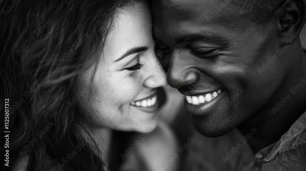 Intimate Black and White Portrait of Joyful Interracial Couple Smiling Close-Up Intimate Black and White Portrait of Joyful Interracial Couple Smiling Close-Up