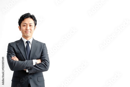 自信のある表情で腕組みをする日本人の男性ビジネスマン