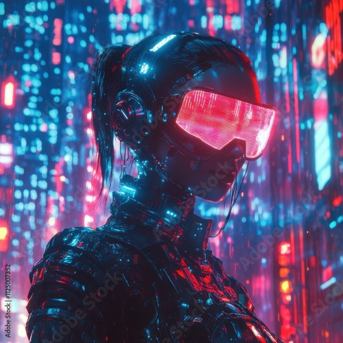 Cyberpunk woman with red glasses and neon cityscape in the background featuring futuristic fashion, holographic reflections, high tech aesthetics, neon lights, metallic textures and sci-fi elements.