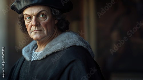 AI facial reconstruction of Christopher Columbus based on Sebastiano del Piombo’s 1519 painting, with historical accounts of light eyes and reddish complexion.  
 photo