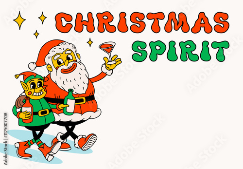 Drunk Santa Claus and elf with christmas spirit text. Groovy vintage funny Santa and elf characters celebrating holidays